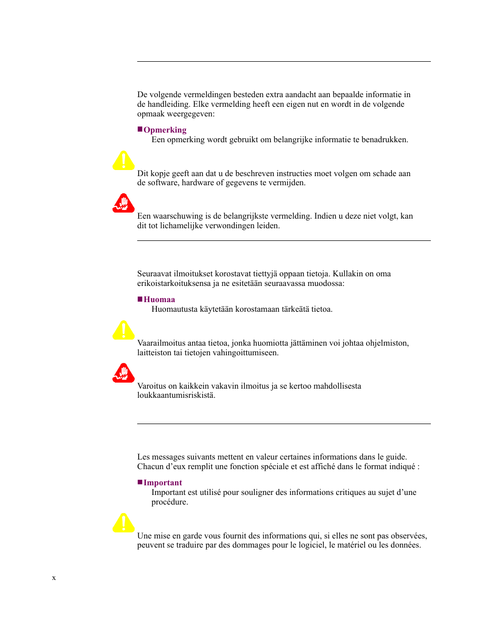 Let op, Waarschuwing, Vaara | Varoitus, Mise en garde | Vanguard Managed Solutions 3400 Series User Manual | Page 10 / 74