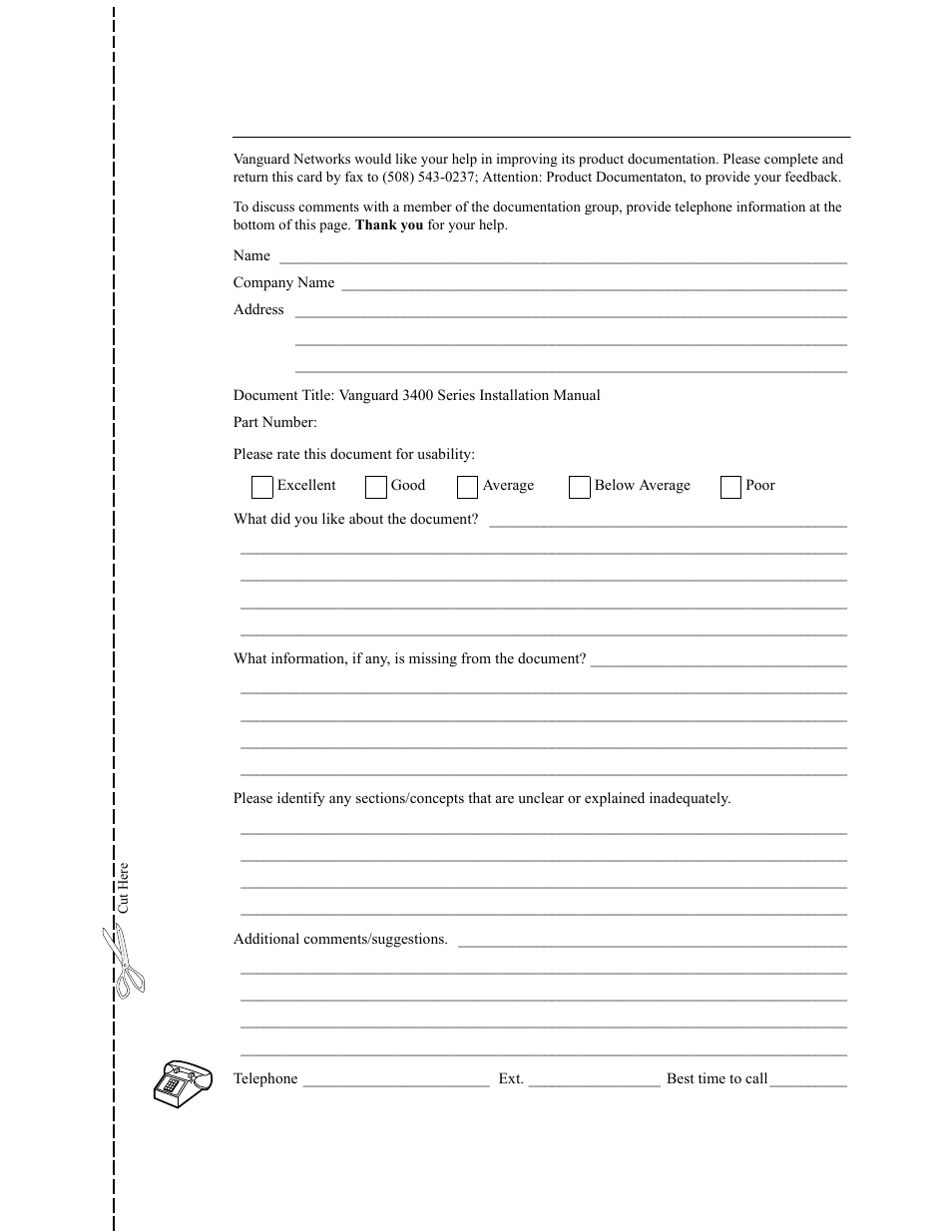 Customer response card | Vanguard Managed Solutions 3400 Series User Manual | Page 17 / 74