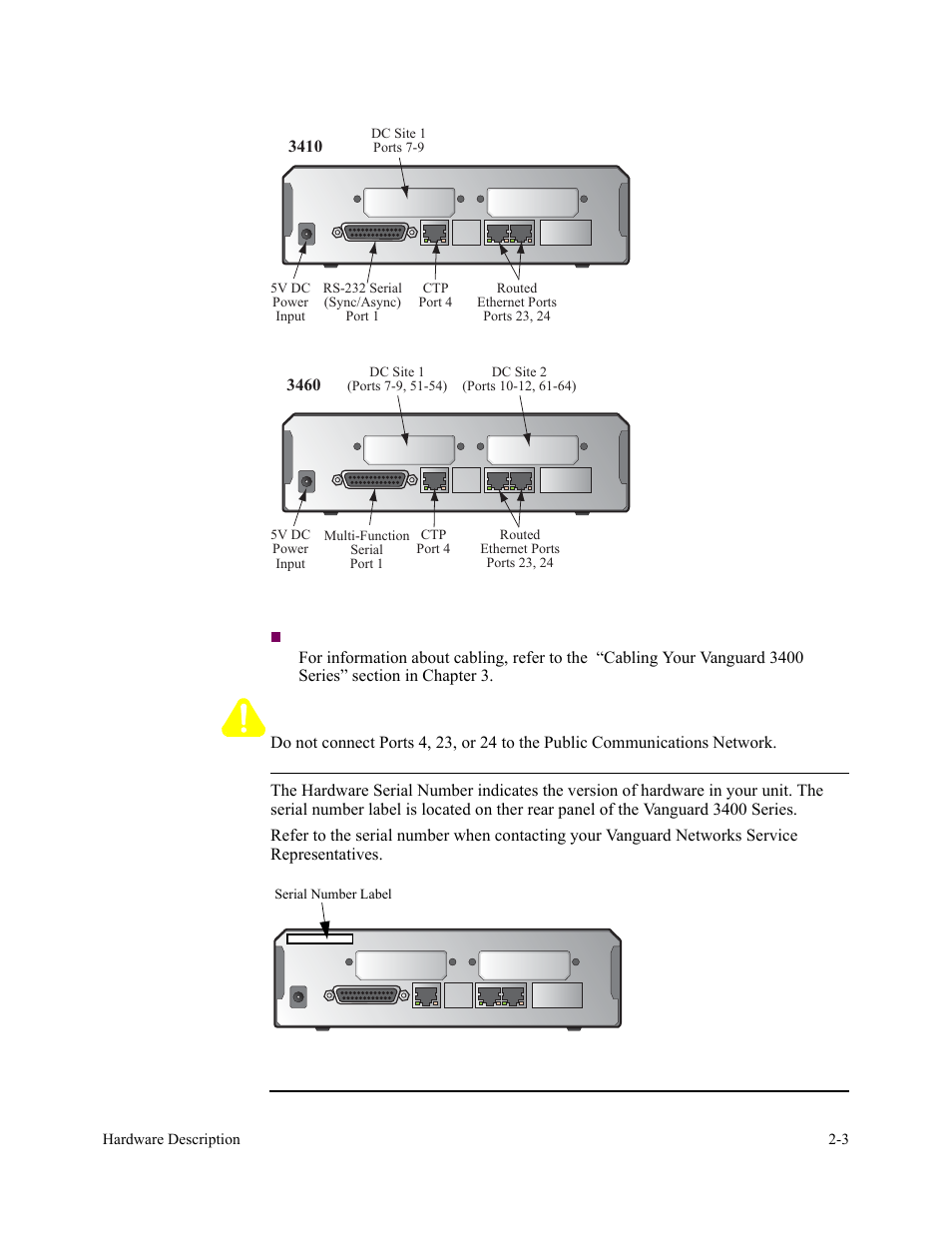 Figure 2-2. vanguard 3400 series rear panels, Serial numbers, Figure 2-2 sh | Caution | Vanguard Managed Solutions 3400 Series User Manual | Page 29 / 74