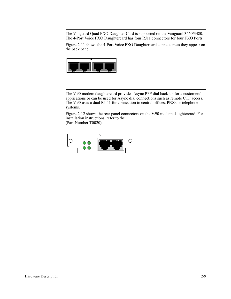 Port voice fxo daughtercard, Figure 2-11. fxo daughtercard, V.90 modem daughtercard | Figure 2-12. v.90 modem daughtercard connectors | Vanguard Managed Solutions 3400 Series User Manual | Page 35 / 74