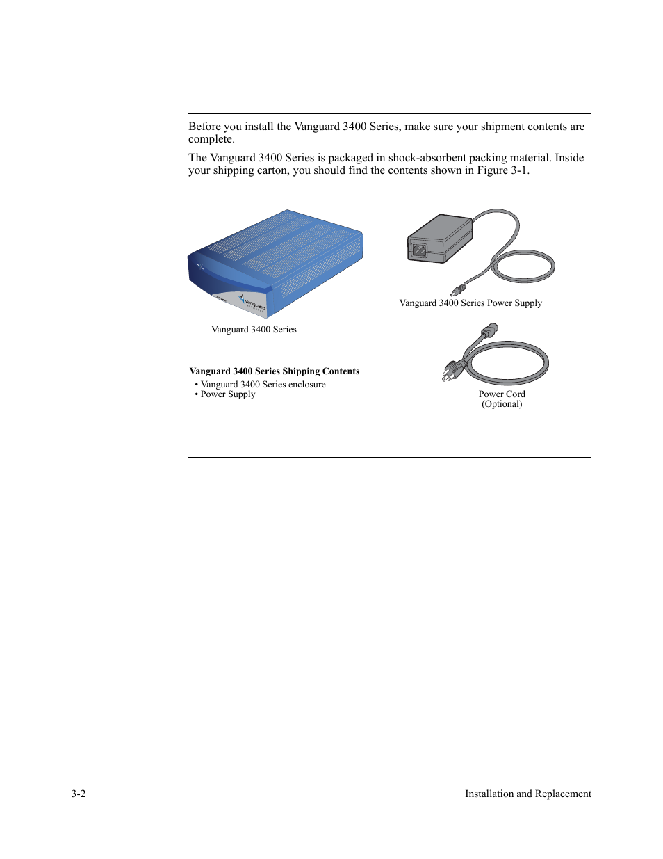 Checking your shipment contents, List of contents, Vanguard 3400 series power supply | Figure 3-1. vanguard 3400 series shipping contents | Vanguard Managed Solutions 3400 Series User Manual | Page 38 / 74