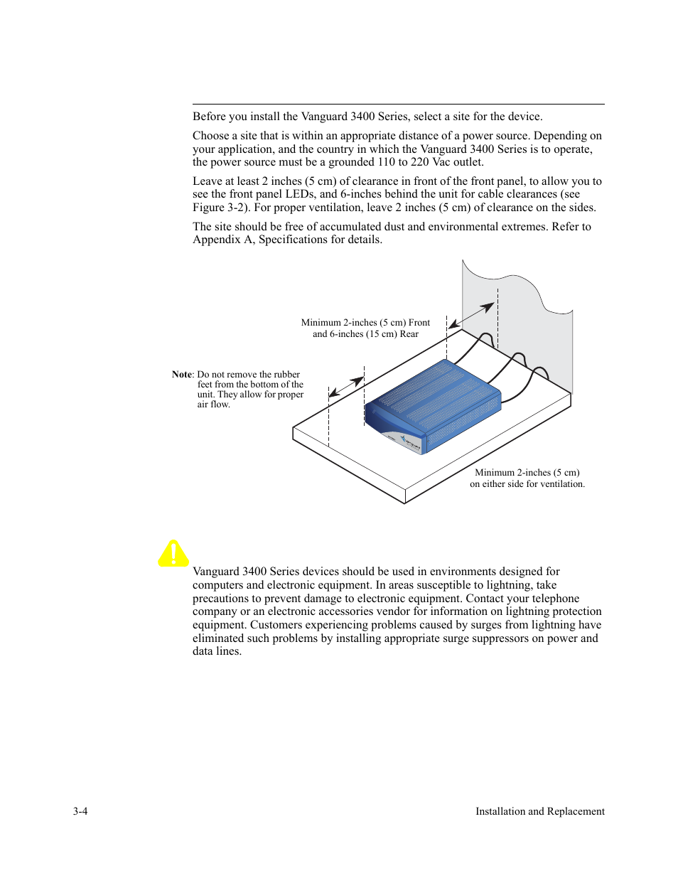 Installation, How to choose a site, Figure 3-2. proper cable and air clearance | Caution | Vanguard Managed Solutions 3400 Series User Manual | Page 40 / 74