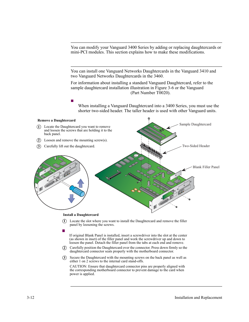 Modifying your vanguard 3400 series, Introduction, Installing a daughtercard | Figure 3-6. sample daughtercard installation | Vanguard Managed Solutions 3400 Series User Manual | Page 48 / 74