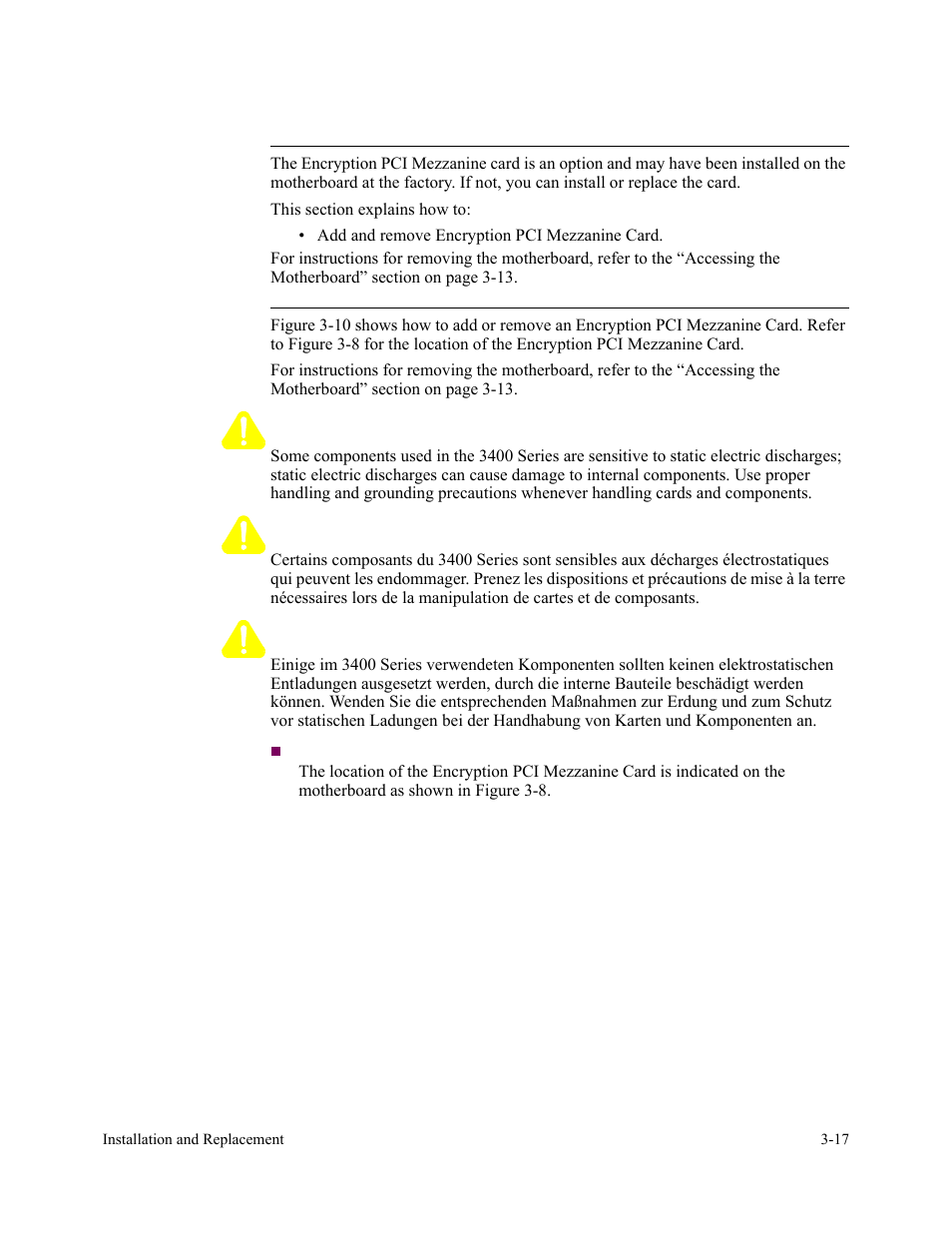 Introduction, Adding or removing encryption pci mezzanine card, Caution | Mise en garde, Vorsicht | Vanguard Managed Solutions 3400 Series User Manual | Page 53 / 74