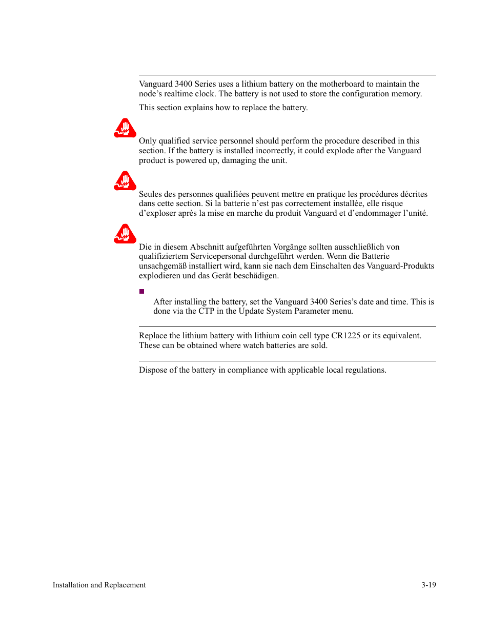 Installing/removing the lithium battery, Introduction, Battery type | Battery disposal, Warning, Avertissement, Warnung | Vanguard Managed Solutions 3400 Series User Manual | Page 55 / 74