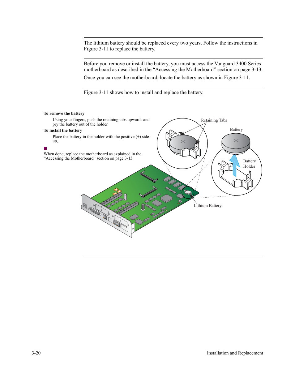 Routine battery replacement, Before removing/ installing the battery, Removing/ installing the battery | Figure 3-11. replacing the battery | Vanguard Managed Solutions 3400 Series User Manual | Page 56 / 74