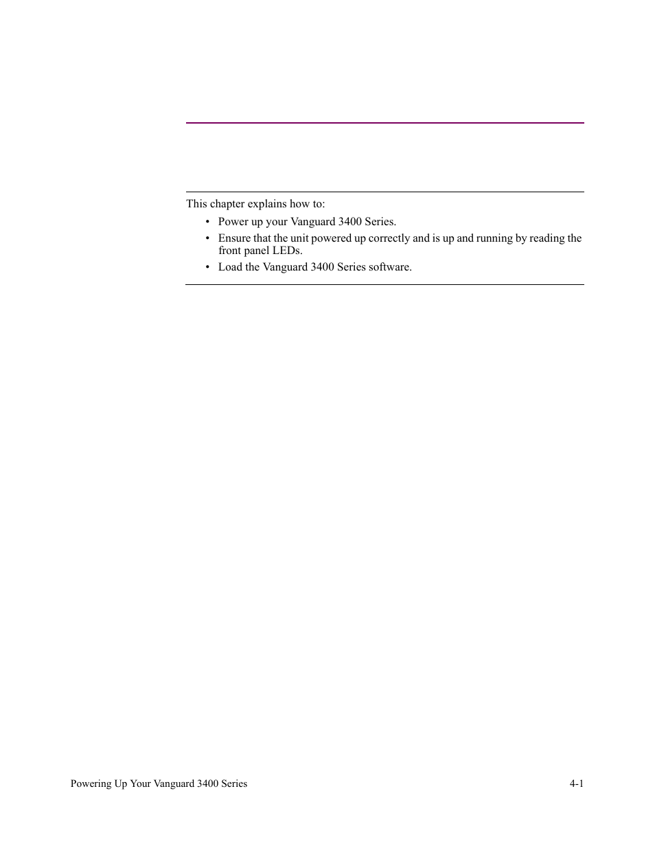 Chapter 4, powering up your vanguard 3400 series, Overview, Introduction | Chapter 4, Powering up your vanguard 3400 series, Powering up your, Vanguard 3400 series” section in chapter 4, Powering up your vanguard 3400 series overview | Vanguard Managed Solutions 3400 Series User Manual | Page 57 / 74