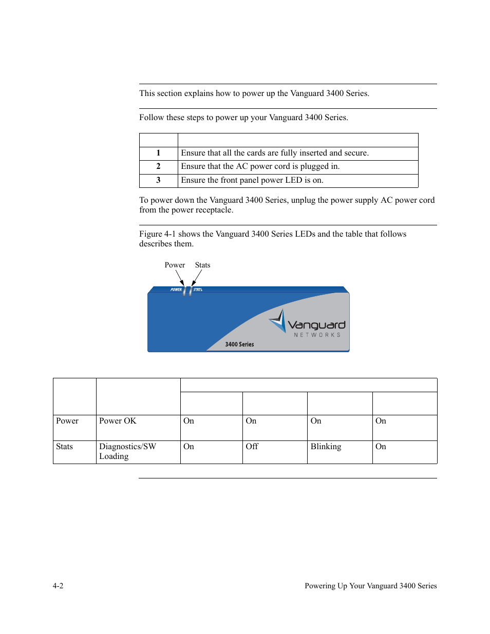 Power up procedure, Introduction, Procedure | Leds, Figure 4-1. vanguard 3400 series leds | Vanguard Managed Solutions 3400 Series User Manual | Page 58 / 74