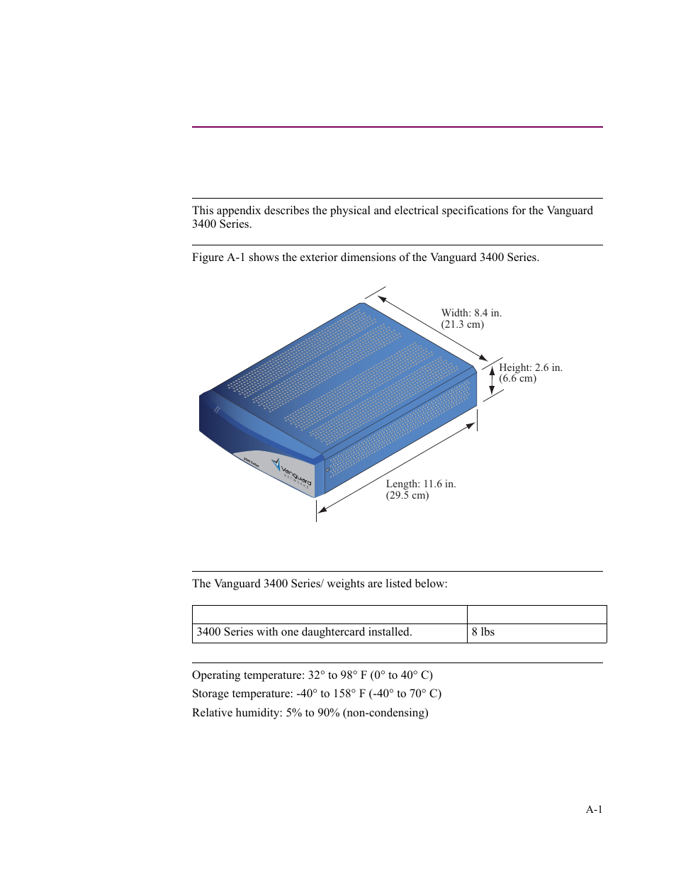 Appendix a, Specifications, Overview | Introduction, Dimensions, Weight, Environment, Appendix a, specifications, Specifications overview | Vanguard Managed Solutions 3400 Series User Manual | Page 61 / 74