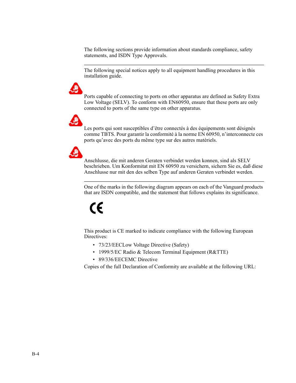Product declarations and regulatory information, Warnings and cautions, Ce marking | Figure b-1. ce mark, Warning, Avertissement, Warnung | Vanguard Managed Solutions 3400 Series User Manual | Page 66 / 74