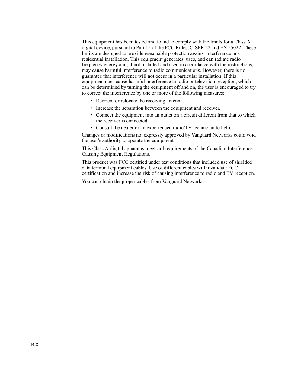 Radio frequency interference regulations | Vanguard Managed Solutions 3400 Series User Manual | Page 70 / 74