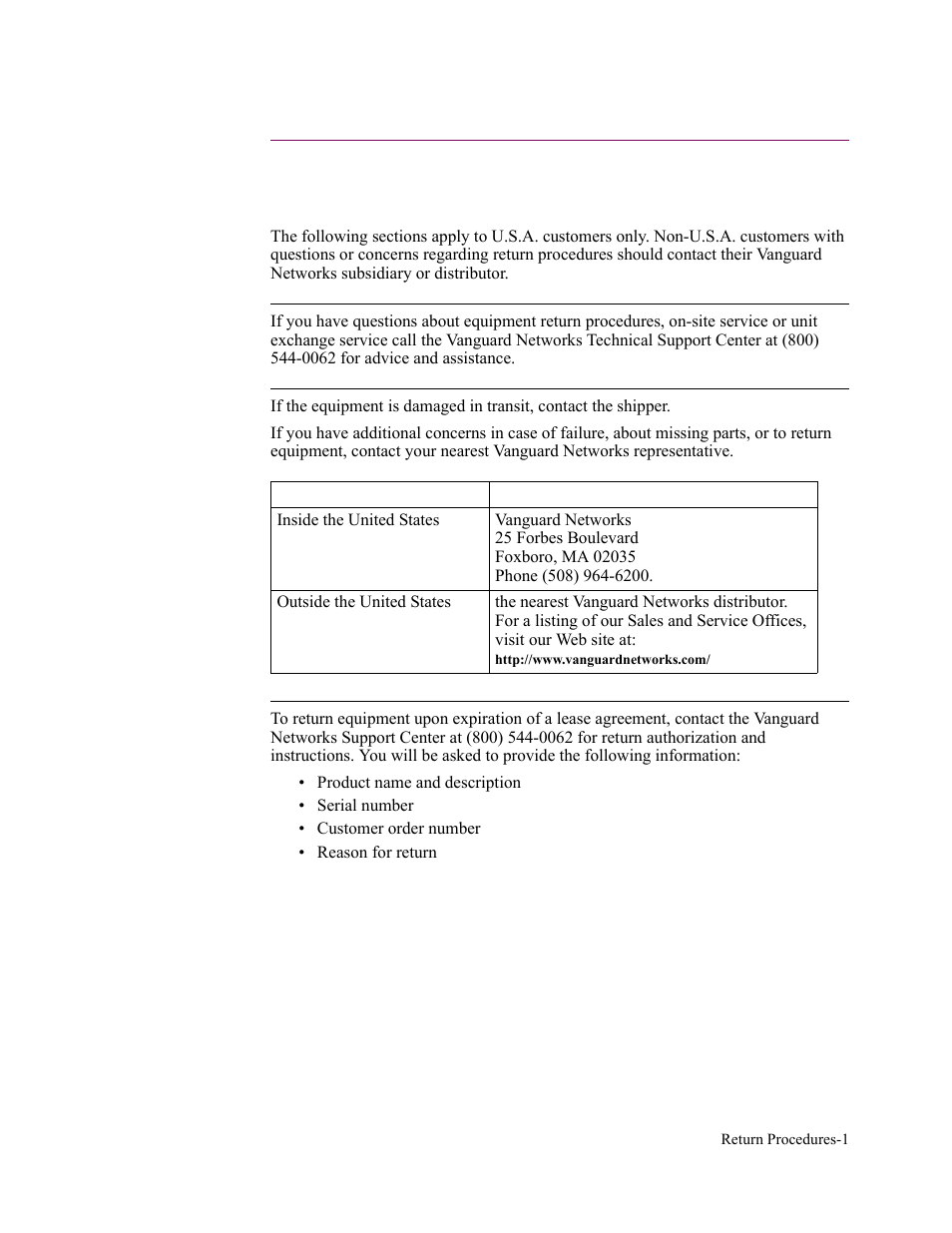 Introduction, Equipment return procedures, In case of damage | Expiration of lease, Return procedures, Return procedures introduction | Vanguard Managed Solutions 3400 Series User Manual | Page 71 / 74