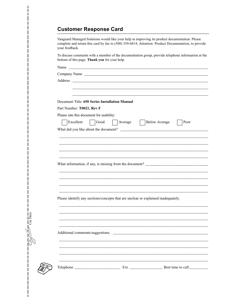 Customer response card | Vanguard Managed Solutions 650 User Manual | Page 13 / 82