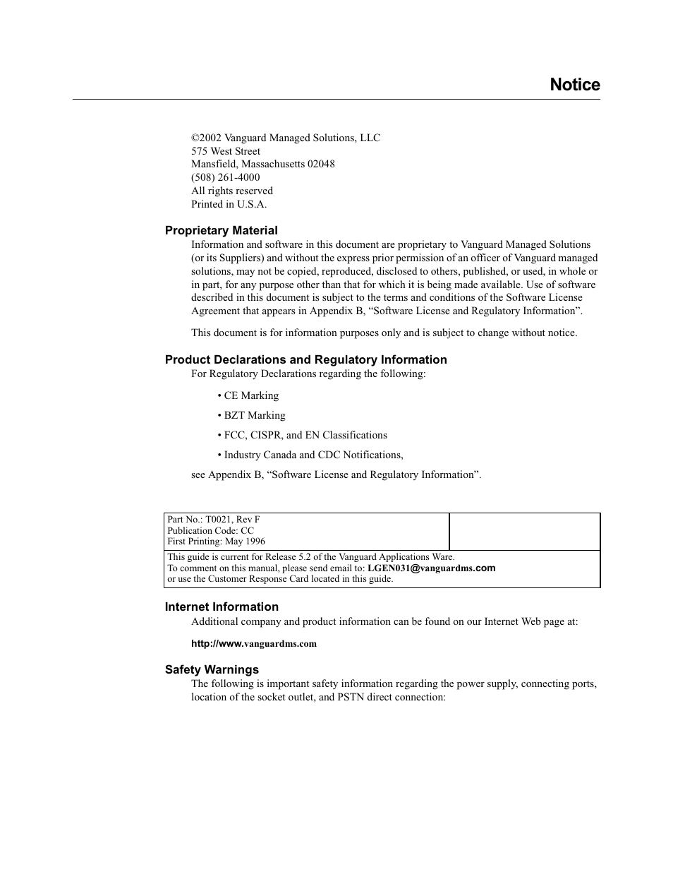 Notice | Vanguard Managed Solutions 650 User Manual | Page 2 / 82