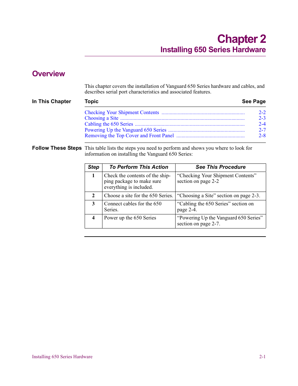 Chapter 2 installing 650 series hardware, Chapter 2. installing 650 series hardware, Chapter 2 | Installing 650 series hardware overview | Vanguard Managed Solutions 650 User Manual | Page 31 / 82