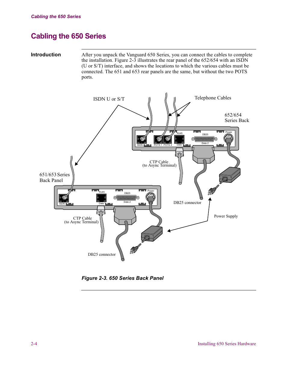 Cabling the 650 series, Isdn u or s/t telephone cables | Vanguard Managed Solutions 650 User Manual | Page 34 / 82