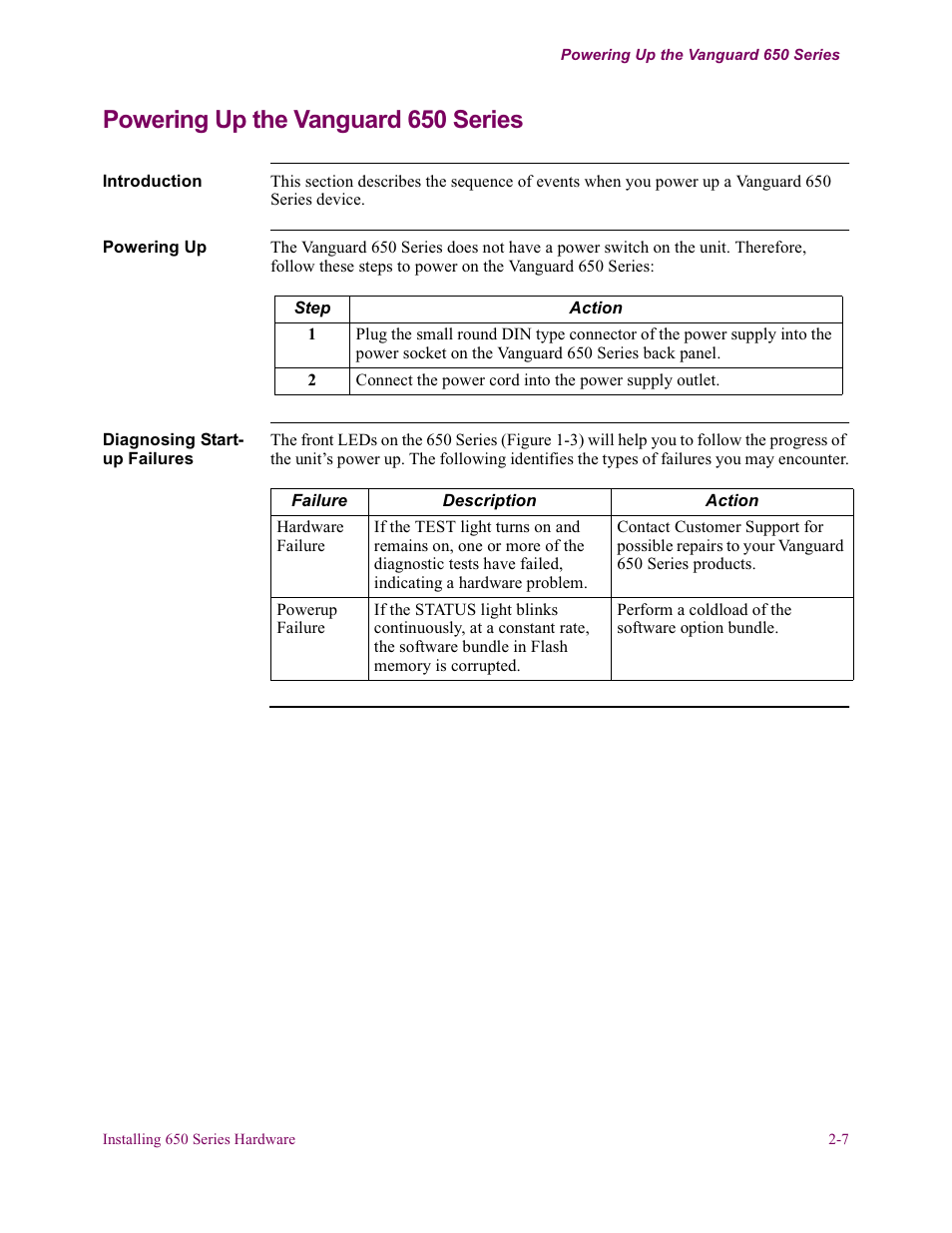 Powering up the vanguard 650 series | Vanguard Managed Solutions 650 User Manual | Page 37 / 82