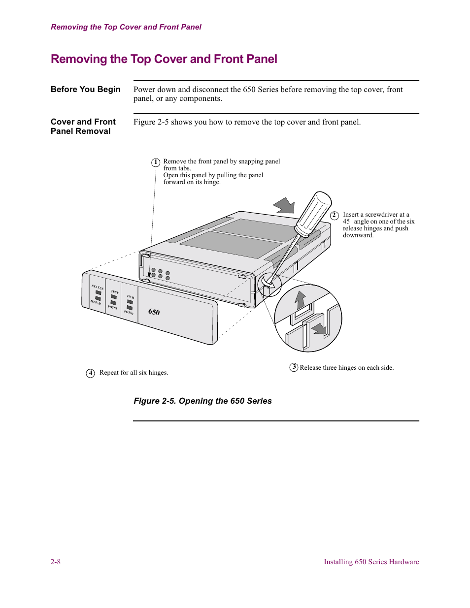 Removing the top cover and front panel | Vanguard Managed Solutions 650 User Manual | Page 38 / 82