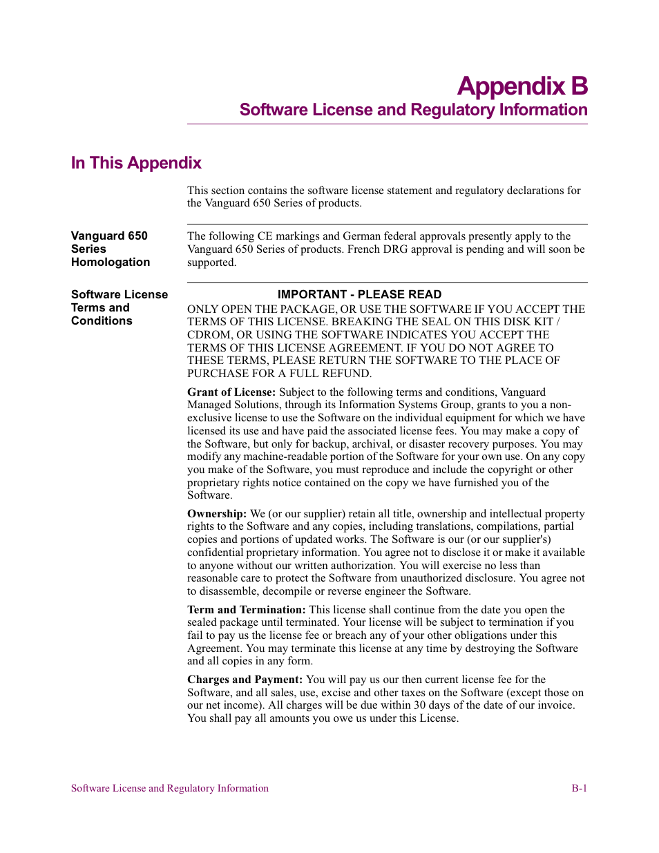 Important - please read, Appendix b | Vanguard Managed Solutions 650 User Manual | Page 71 / 82