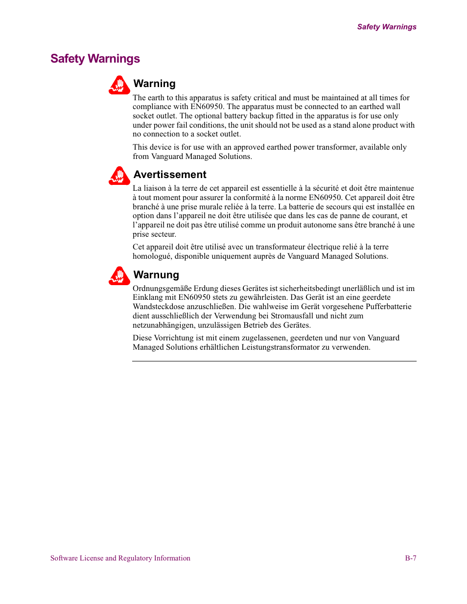 Safety warnings | Vanguard Managed Solutions 650 User Manual | Page 77 / 82