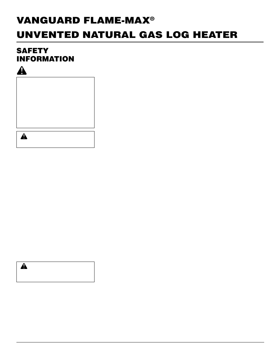 Unvented natural gas log heater vanguard flame-max, Safety information | Vanguard Managed Solutions FLAME-MAX User Manual | Page 2 / 30