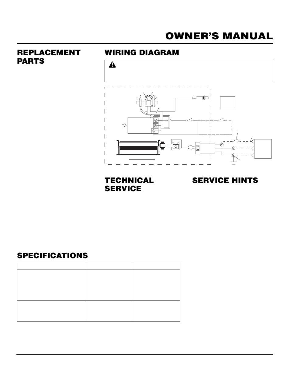 Owner’s manual, Service hints, Technical service | Replacement parts wiring diagram, Specifications, Parts under warranty, Parts not under warranty | Vanguard Managed Solutions MBDV37 User Manual | Page 35 / 40