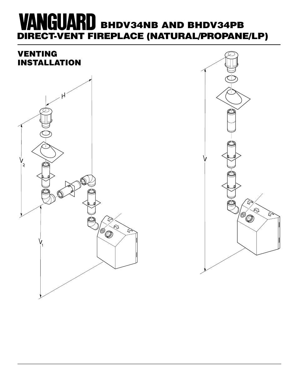 Direct-vent fireplace (natural/propane/lp), Bhdv34nb and bhdv34pb, Venting installation | Continued | Vanguard Managed Solutions BHDV34PB User Manual | Page 14 / 38