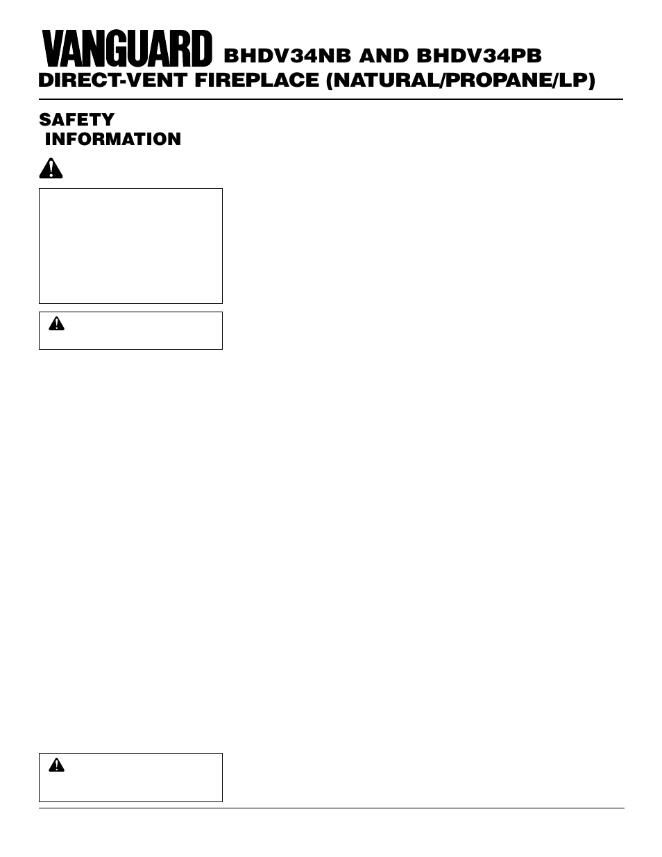 Direct-vent fireplace (natural/propane/lp), Bhdv34nb and bhdv34pb, Safety information | Vanguard Managed Solutions BHDV34PB User Manual | Page 2 / 38