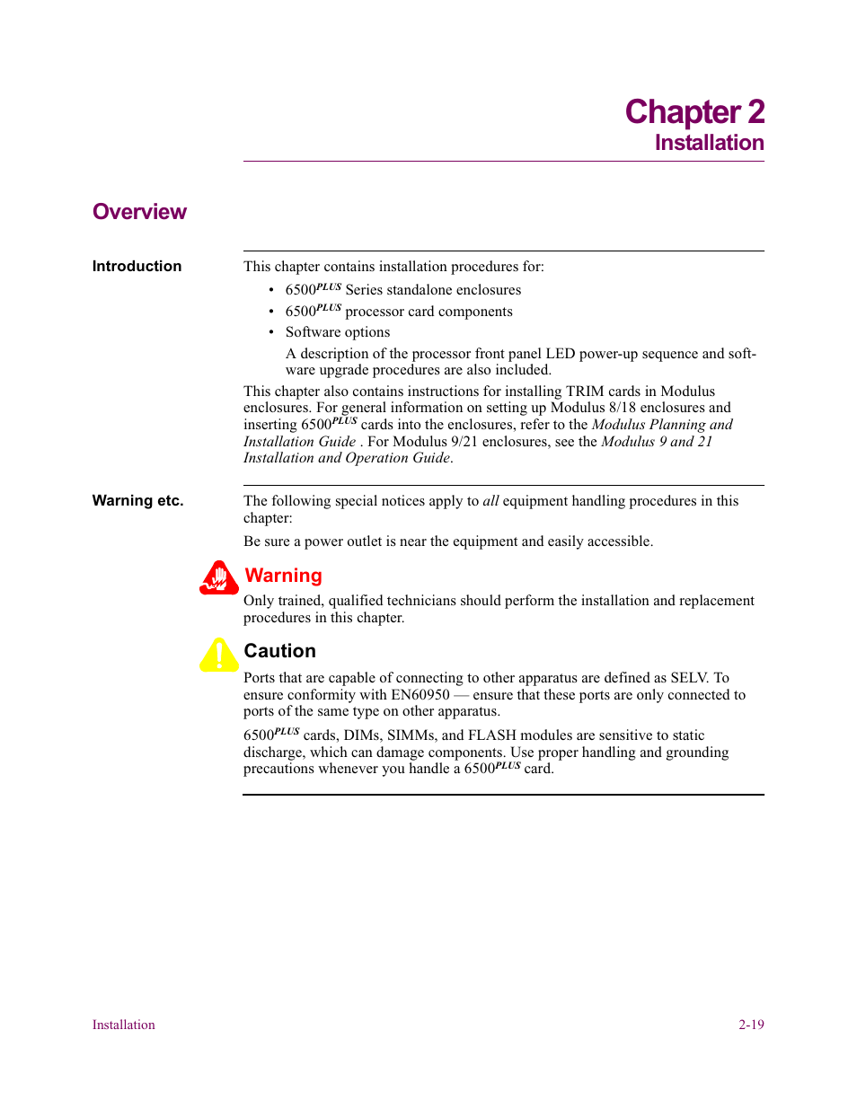 Chapter 2 installation, Chapter 2. installation, Chapter 2 installation (continued) | Chapter 2, Installation overview, Warning, Caution | Vanguard Managed Solutions Vanguard 6500 PLUS User Manual | Page 27 / 102