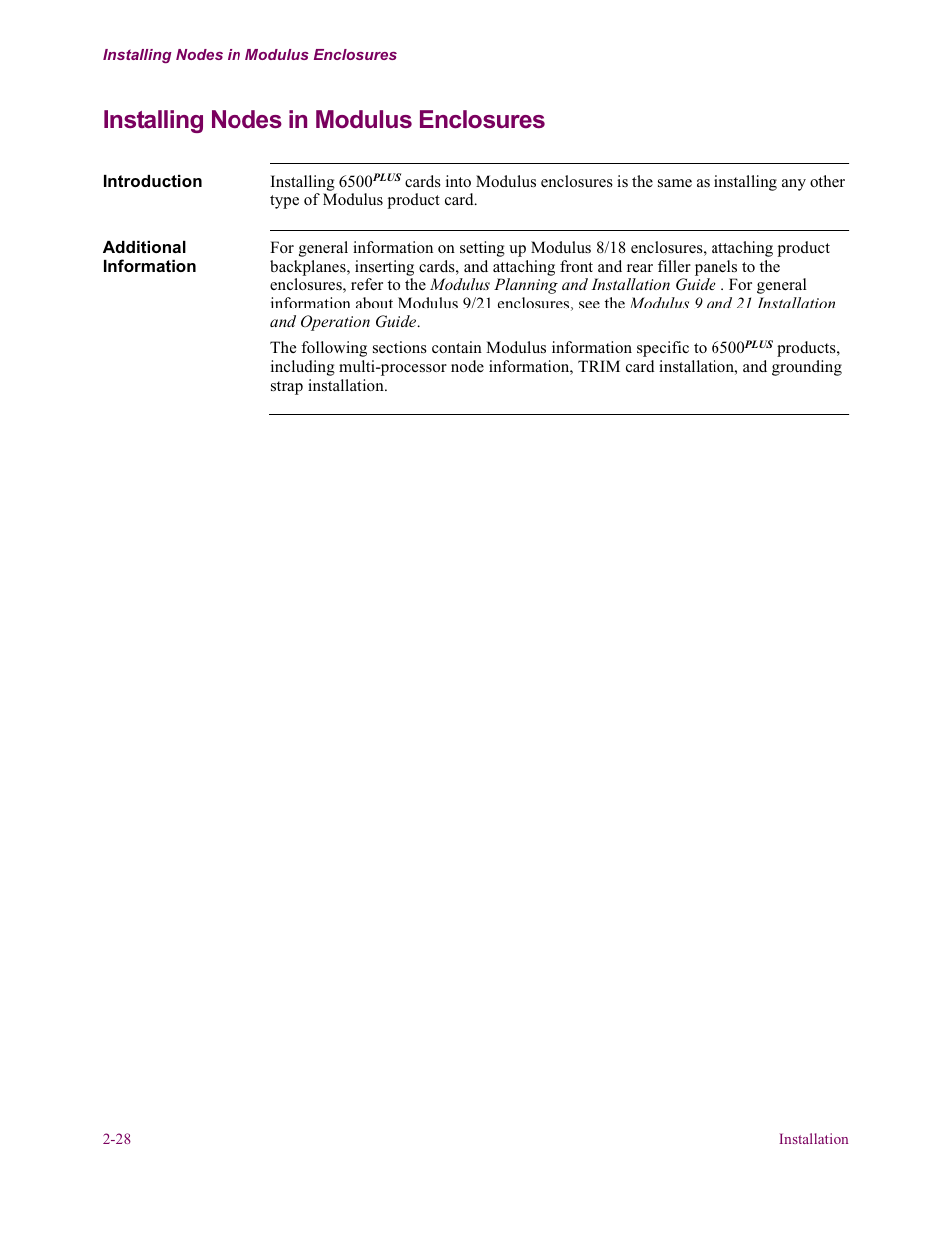 Installing nodes in modulus enclosures | Vanguard Managed Solutions Vanguard 6500 PLUS User Manual | Page 36 / 102