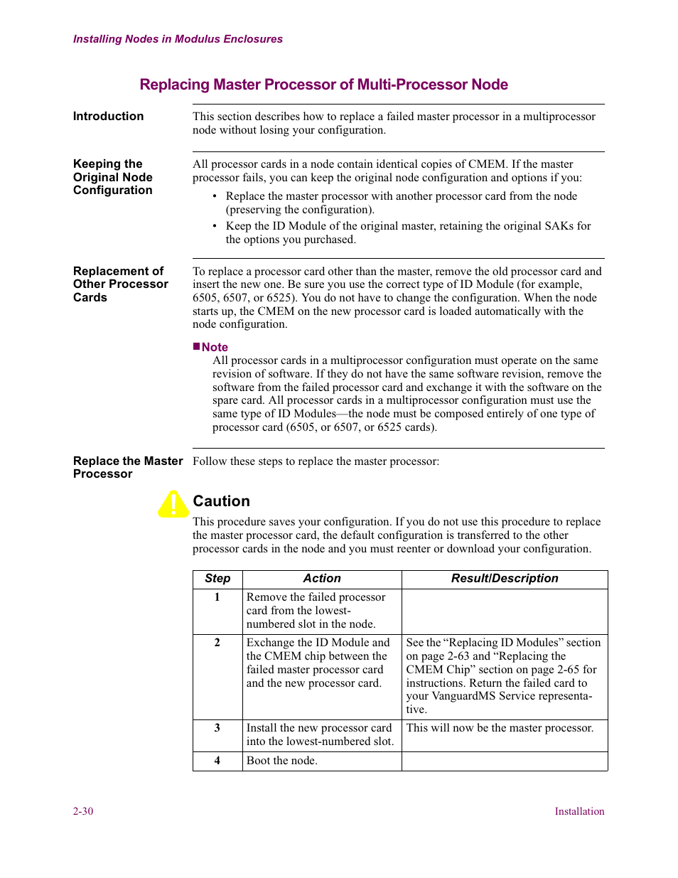 Replacing master processor of multi-processor node, Caution | Vanguard Managed Solutions Vanguard 6500 PLUS User Manual | Page 38 / 102