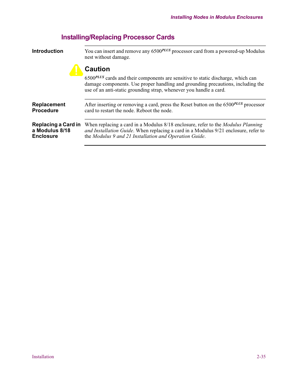 Installing/replacing processor cards, Caution | Vanguard Managed Solutions Vanguard 6500 PLUS User Manual | Page 43 / 102