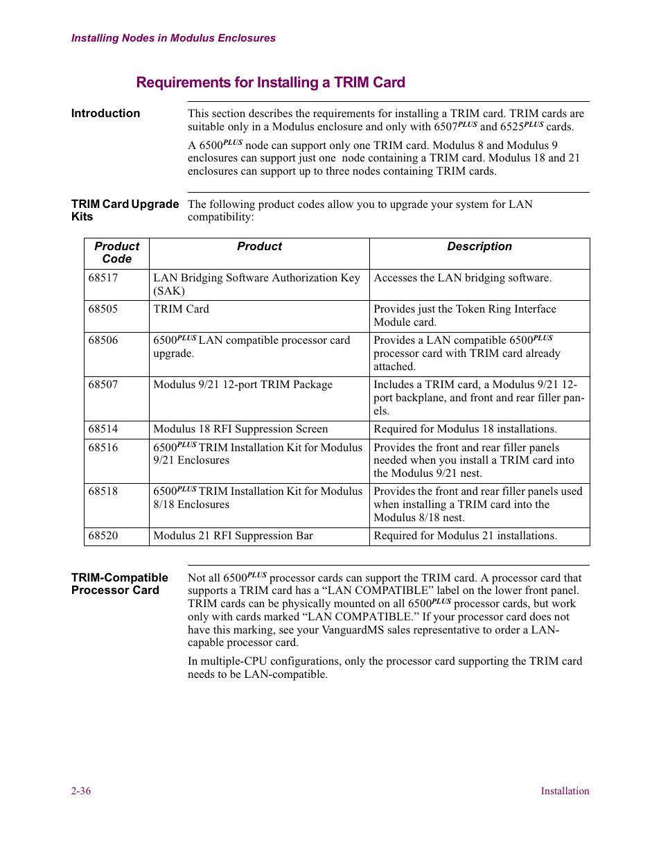 Requirements for installing a trim card | Vanguard Managed Solutions Vanguard 6500 PLUS User Manual | Page 44 / 102