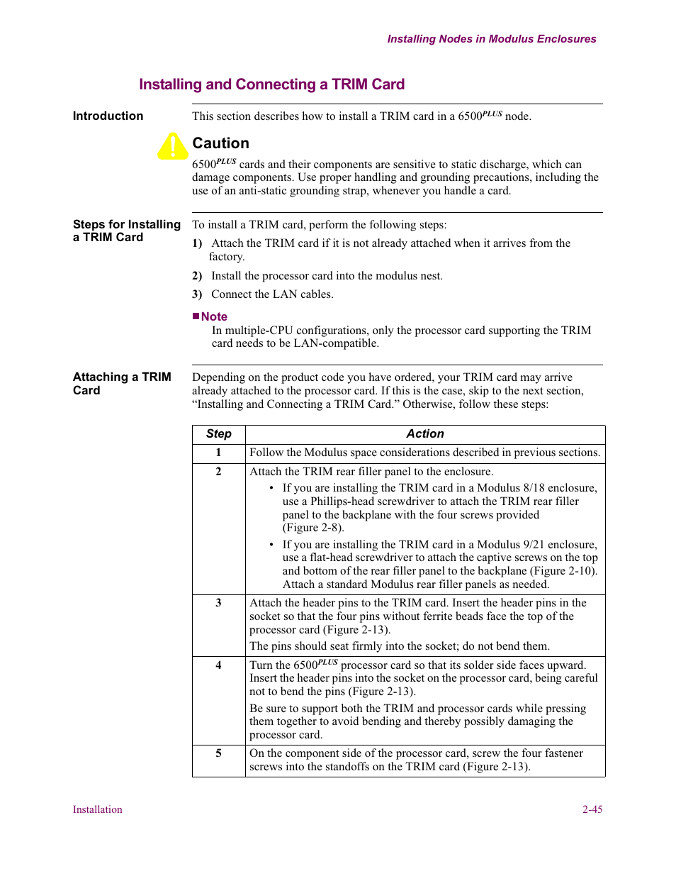 Installing and connecting a trim card, Caution | Vanguard Managed Solutions Vanguard 6500 PLUS User Manual | Page 53 / 102
