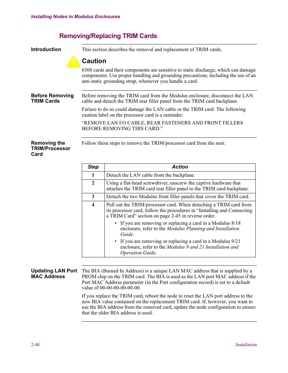 Removing/replacing trim cards, Caution | Vanguard Managed Solutions Vanguard 6500 PLUS User Manual | Page 56 / 102