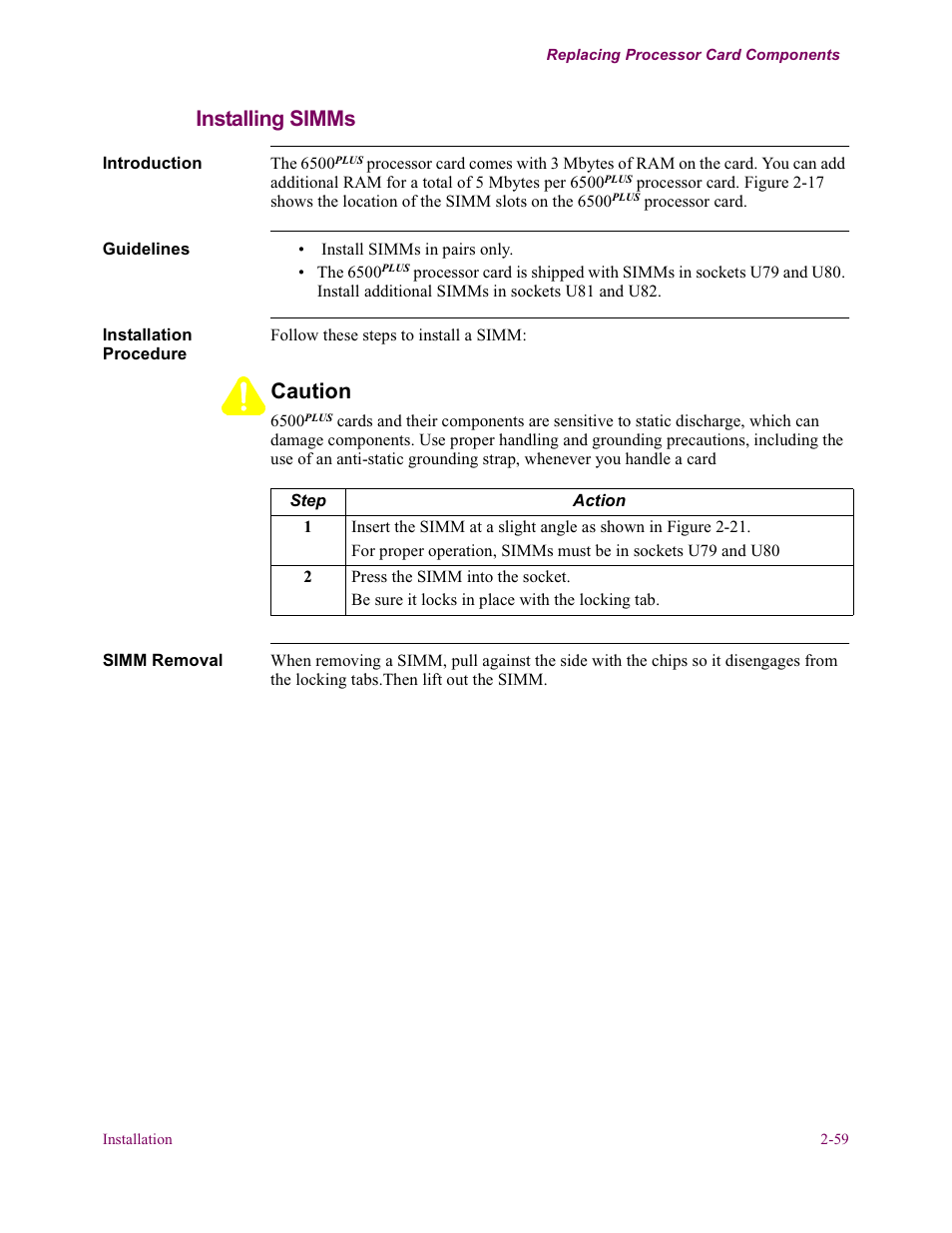 Installing simms, Caution | Vanguard Managed Solutions Vanguard 6500 PLUS User Manual | Page 67 / 102