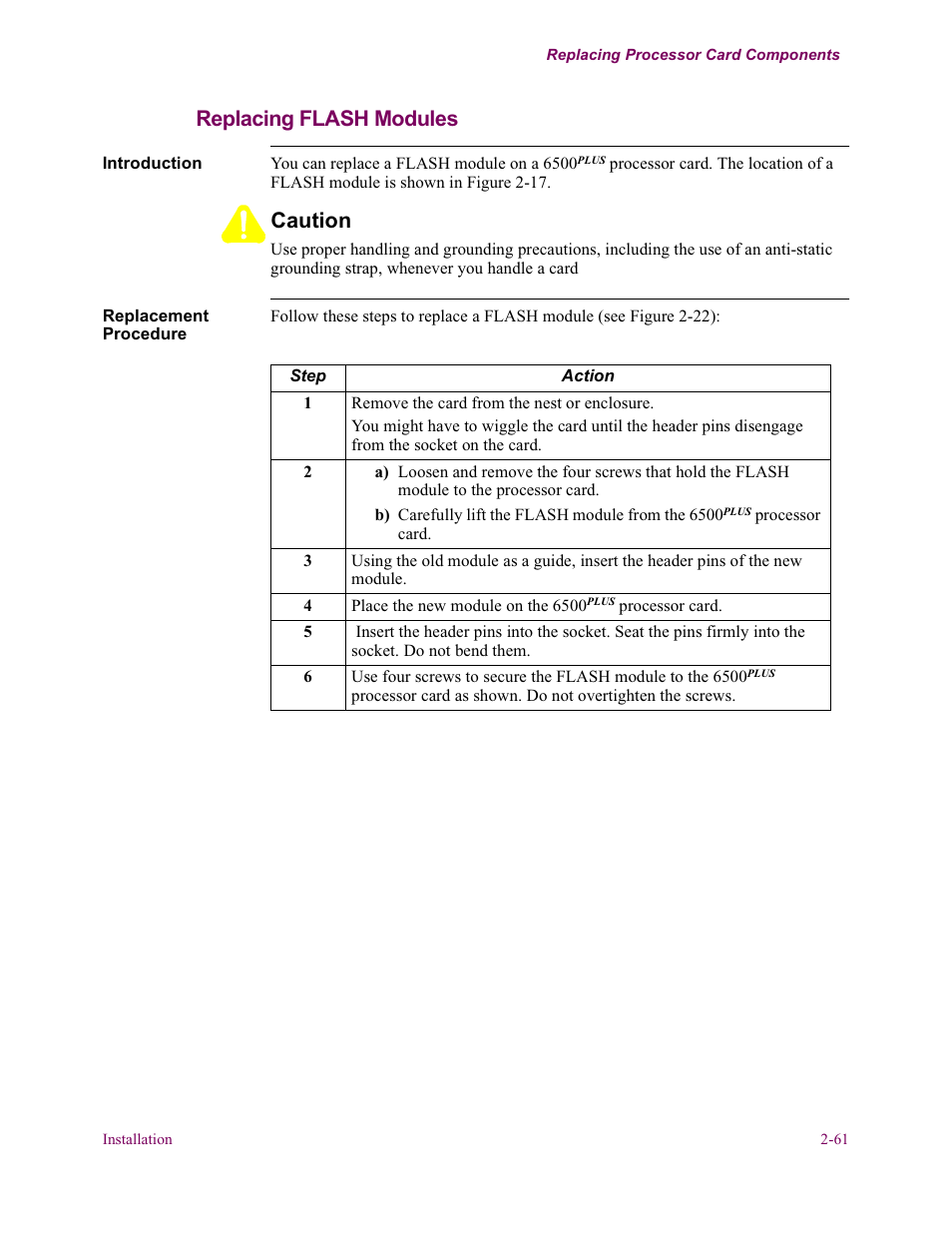 Replacing flash modules, Caution | Vanguard Managed Solutions Vanguard 6500 PLUS User Manual | Page 69 / 102