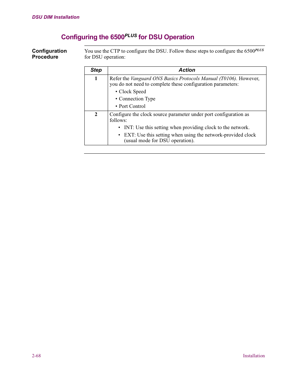 Configuring the 6500plus for dsu operation, Configuring the 6500, Plus | For dsu operation | Vanguard Managed Solutions Vanguard 6500 PLUS User Manual | Page 76 / 102
