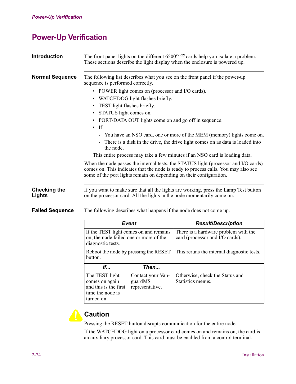 Power-up verification, Caution | Vanguard Managed Solutions Vanguard 6500 PLUS User Manual | Page 82 / 102