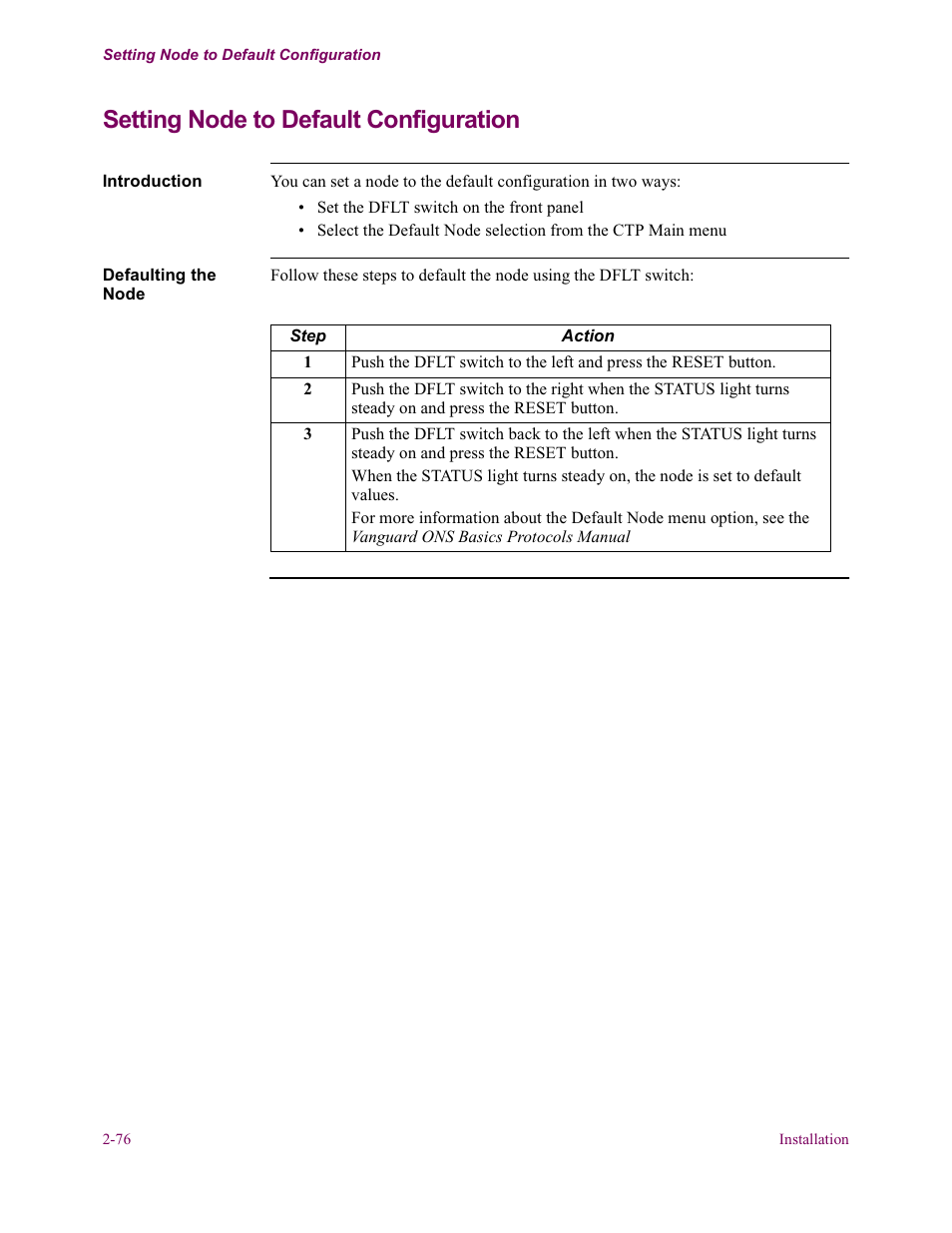 Setting node to default configuration | Vanguard Managed Solutions Vanguard 6500 PLUS User Manual | Page 84 / 102