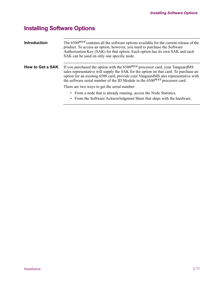 Installing software options | Vanguard Managed Solutions Vanguard 6500 PLUS User Manual | Page 85 / 102