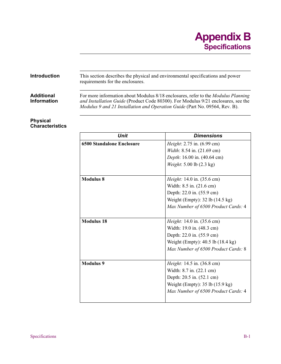 Appendix b specifications, Appendix b. specifications, Appendix b | Specifications | Vanguard Managed Solutions Vanguard 6500 PLUS User Manual | Page 99 / 102