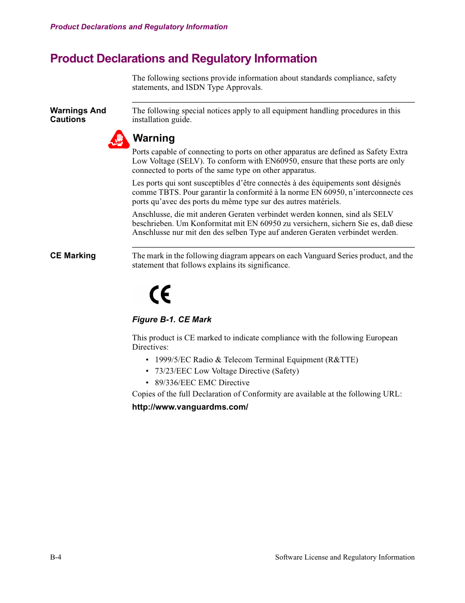 Product declarations and regulatory information, Warning | Vanguard Managed Solutions Vanguard 342 User Manual | Page 104 / 115