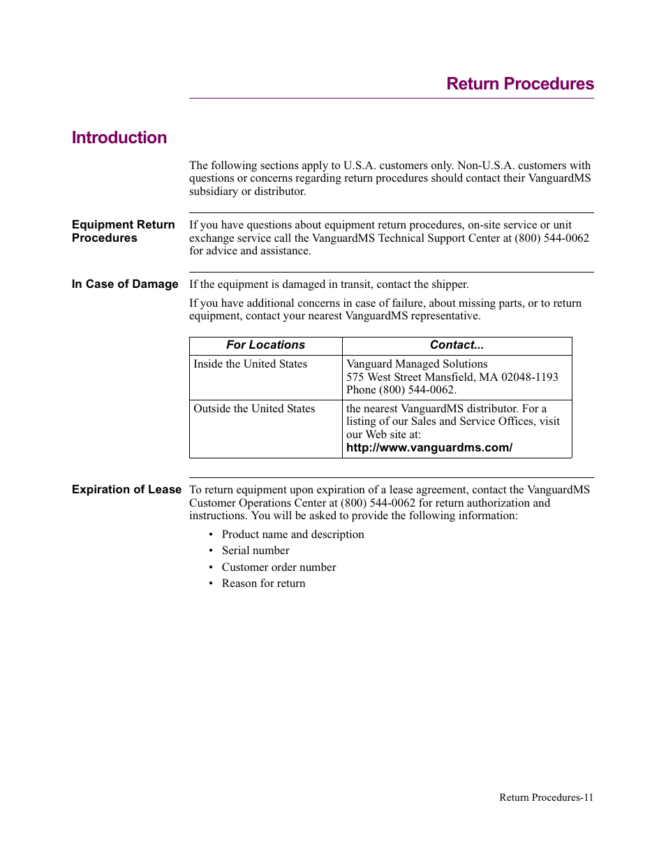 Return procedures, Return procedures introduction | Vanguard Managed Solutions Vanguard 342 User Manual | Page 111 / 115