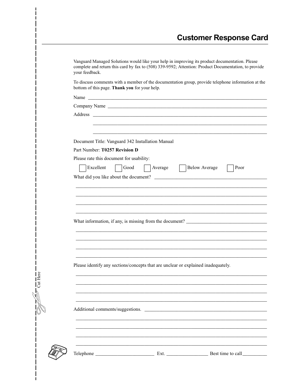 Customer response card | Vanguard Managed Solutions Vanguard 342 User Manual | Page 19 / 115