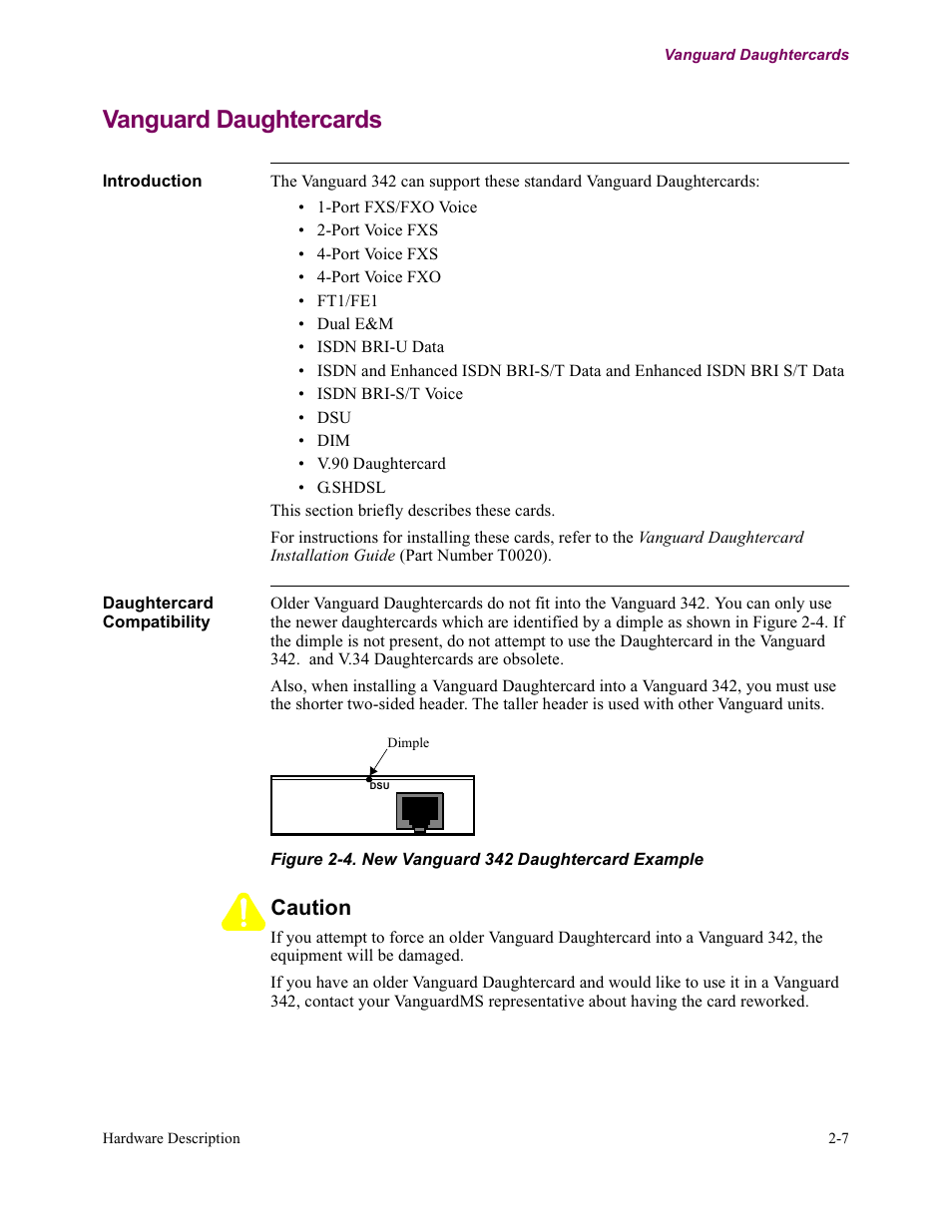 Vanguard daughtercards, Caution | Vanguard Managed Solutions Vanguard 342 User Manual | Page 47 / 115