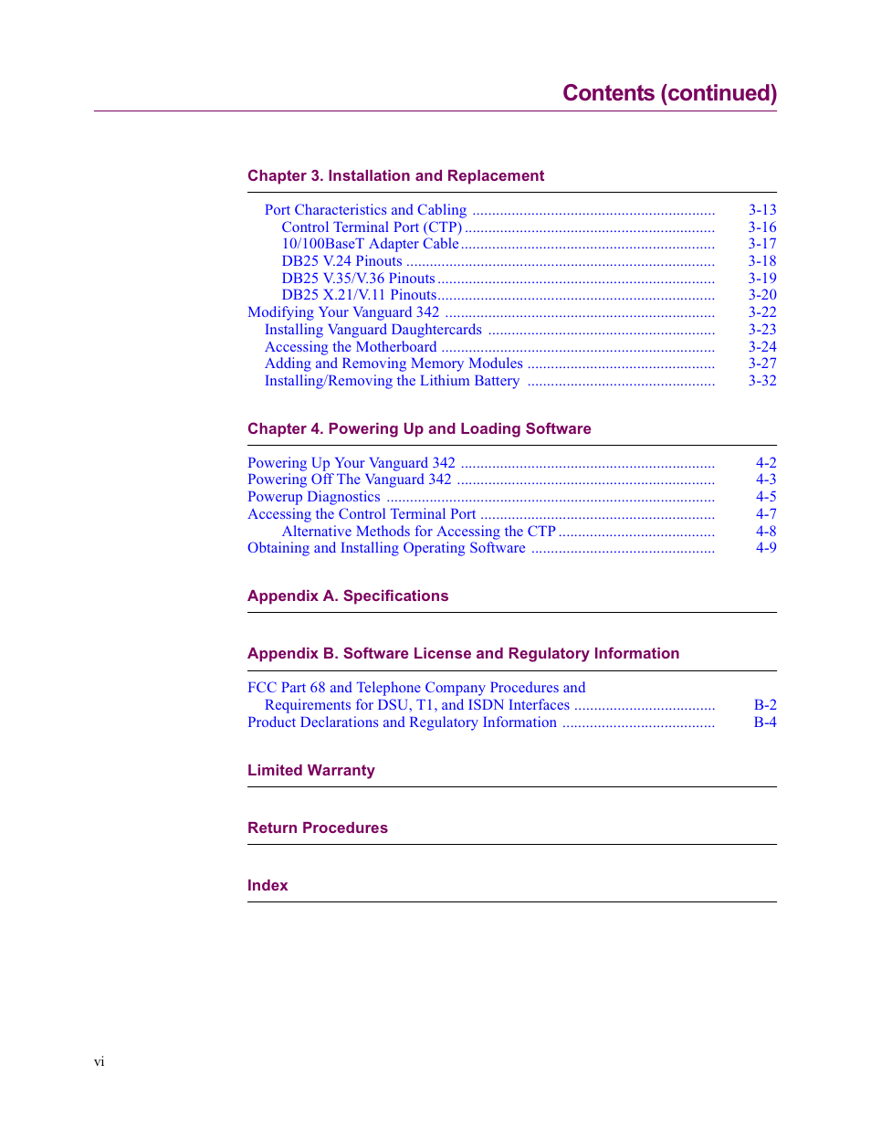 Contents (continued) | Vanguard Managed Solutions Vanguard 342 User Manual | Page 6 / 115