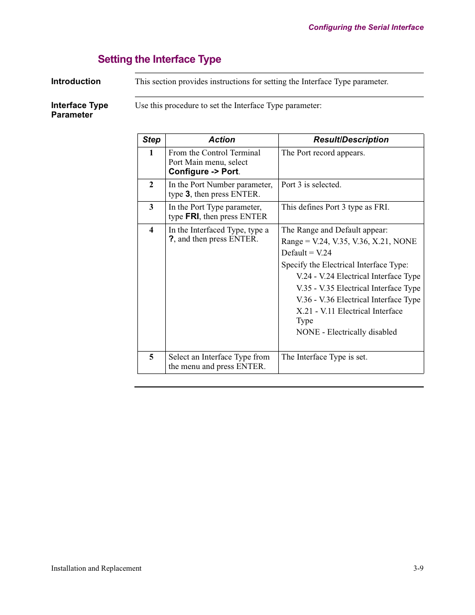Setting the interface type | Vanguard Managed Solutions Vanguard 342 User Manual | Page 63 / 115