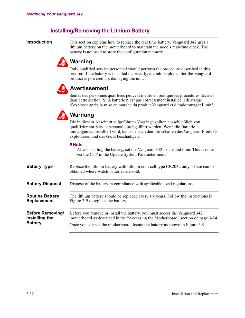 Installing/removing the lithium battery, Warning, Avertissement | Warnung | Vanguard Managed Solutions Vanguard 342 User Manual | Page 86 / 115