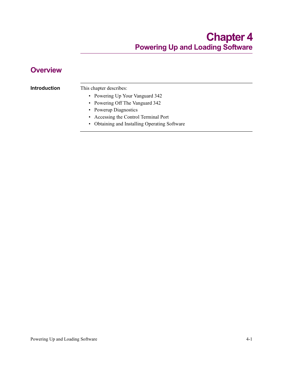 Chapter 4. powering up and loading software, Chapter 4, Powering up and loading software overview | Vanguard Managed Solutions Vanguard 342 User Manual | Page 89 / 115